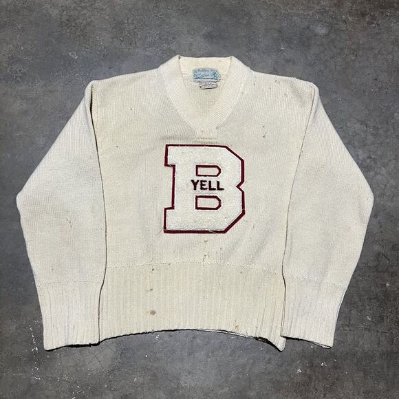 Vintage 60s Yell Cutters Cream Wool Varsity V-Neck Sweater - Picture 1 of 6